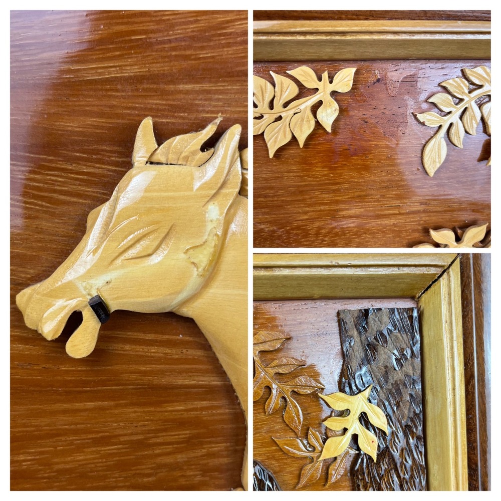 Vtg Asian Hand Carved 3D Wooden Inlay Wall Art Horse Cart Scene Rustic Folk‎ Art - Picture 8 of 8